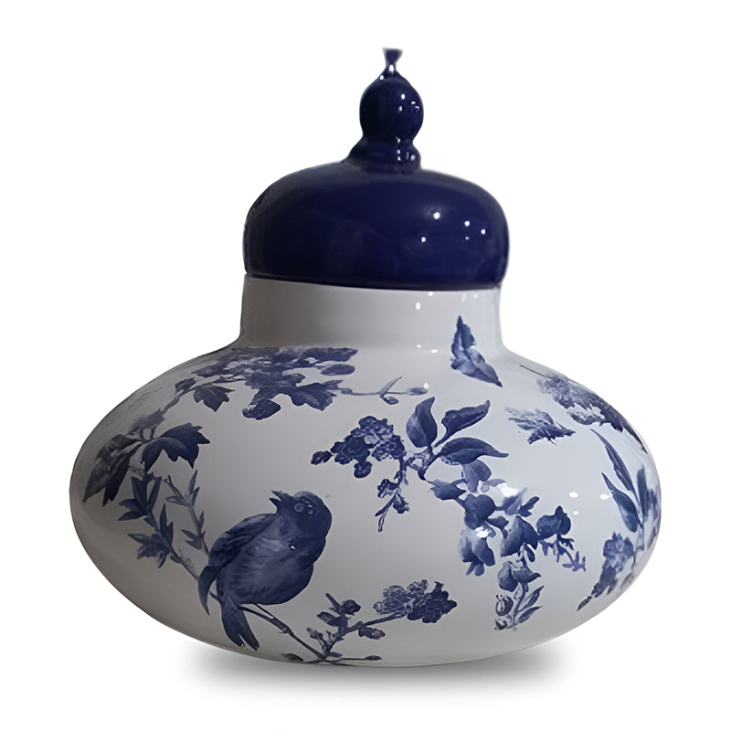 بانکه سرامیکی دربدار طرح گل و پرنده آبیسفید